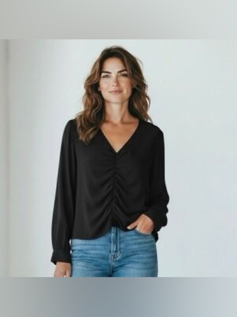 Iris setlakwe V-Neck Ruched Front Long-Sleeve Top deep blue navy scandi chic 10